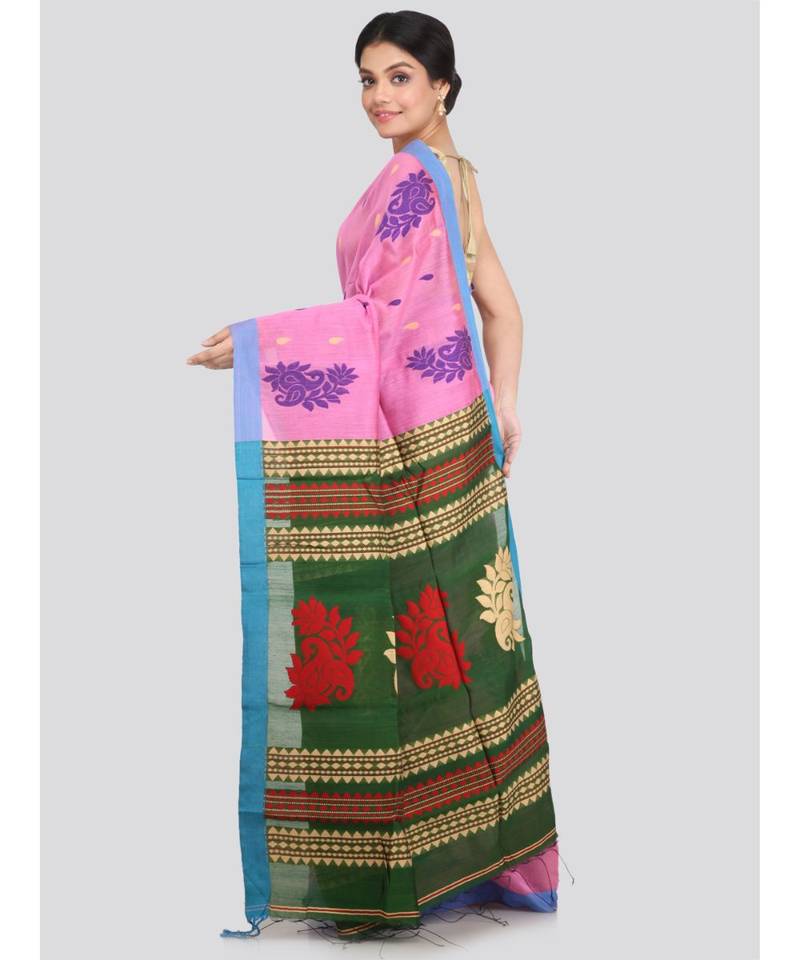 PinkLoom Women's pink hand woven cotton silk sarees With Blouse