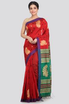 PinkLoom Women's red hand woven cotton silk sarees With Blouse