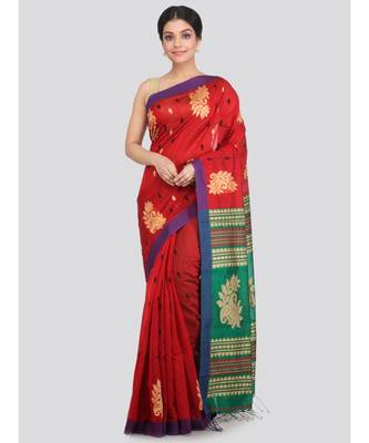 PinkLoom Women's red hand woven cotton silk sarees With Blouse 1