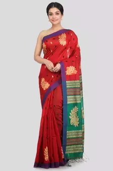 PinkLoom Women's red hand woven cotton silk sarees With Blouse