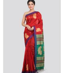 PinkLoom Women's red hand woven cotton silk sarees With Blouse