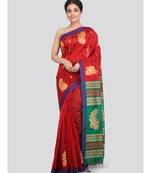 PinkLoom Women's red hand woven cotton silk sarees With Blouse