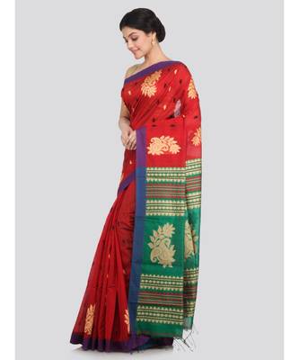 PinkLoom Women's red hand woven cotton silk sarees With Blouse 2