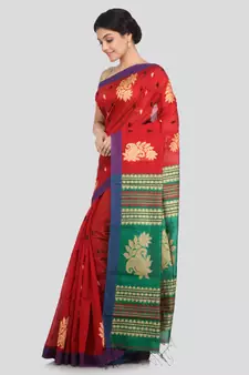 PinkLoom Women's red hand woven cotton silk sarees With Blouse