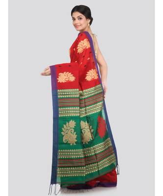 PinkLoom Women's red hand woven cotton silk sarees With Blouse 3