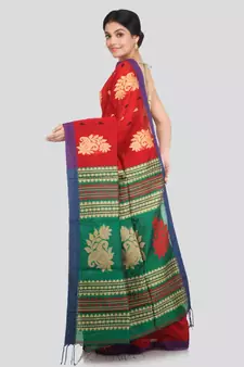 PinkLoom Women's red hand woven cotton silk sarees With Blouse