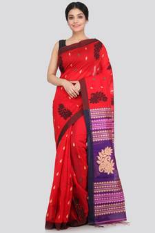 PinkLoom Women's red hand woven cotton silk sarees With Blouse