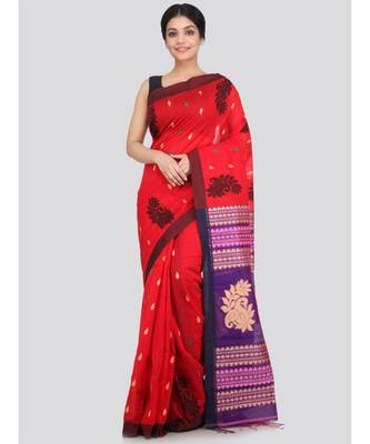PinkLoom Women's red hand woven cotton silk sarees With Blouse 1