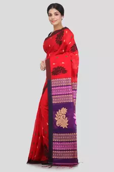 PinkLoom Women's red hand woven cotton silk sarees With Blouse