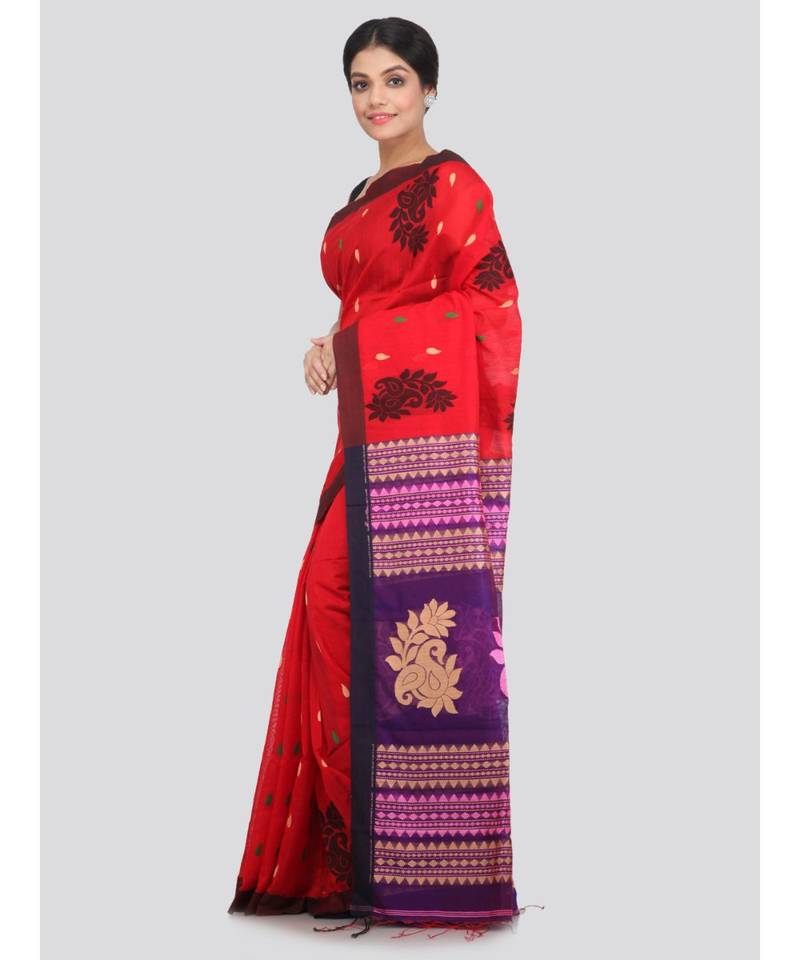 PinkLoom Women's red hand woven cotton silk sarees With Blouse