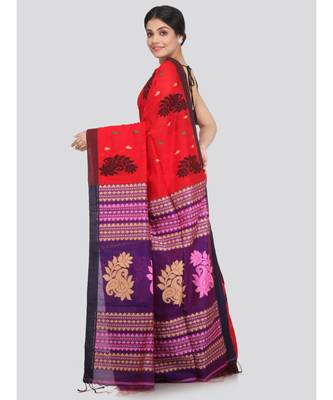 PinkLoom Women's red hand woven cotton silk sarees With Blouse 3