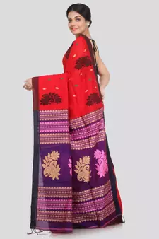 PinkLoom Women's red hand woven cotton silk sarees With Blouse