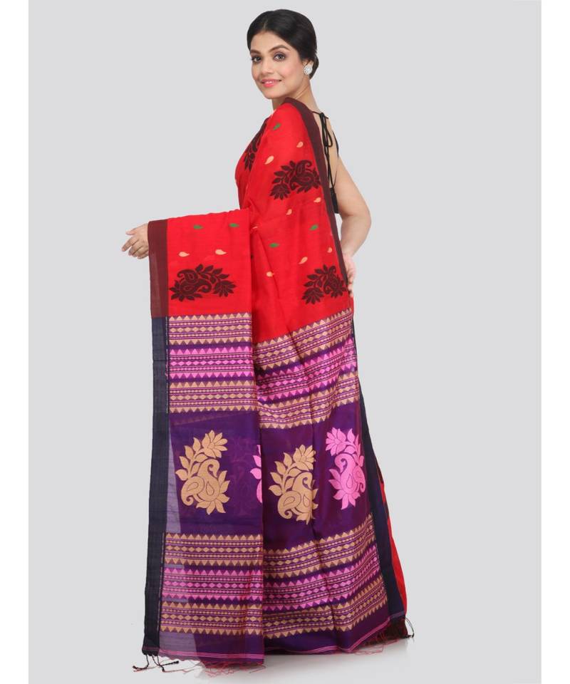 PinkLoom Women's red hand woven cotton silk sarees With Blouse