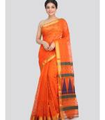 PinkLoom Women's orange hand woven cotton silk sarees With Blouse