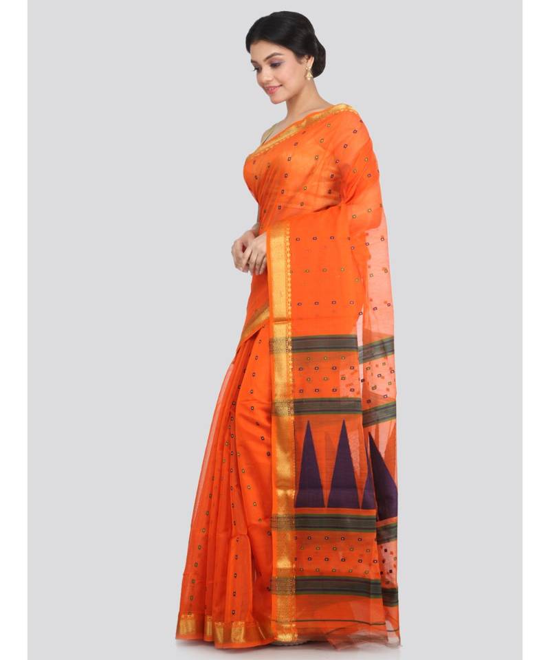 PinkLoom Women's orange hand woven cotton silk sarees With Blouse
