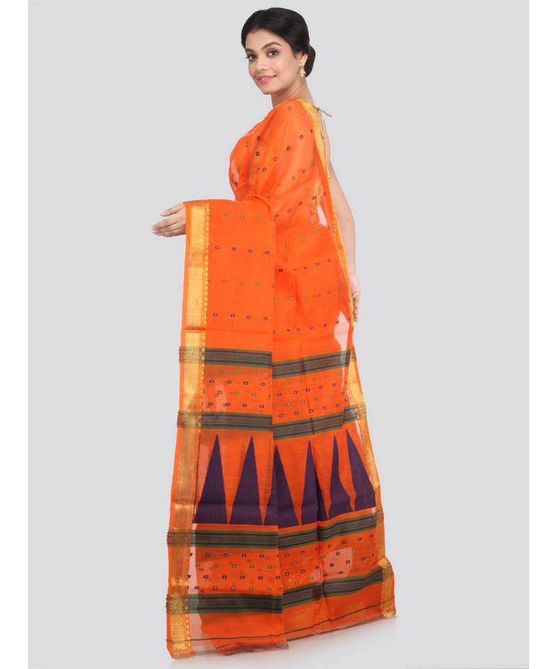 PinkLoom Women's orange hand woven cotton silk sarees With Blouse