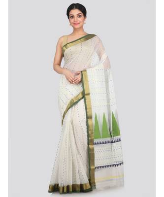 PinkLoom Women's off white hand woven cotton silk sarees With Blouse 1