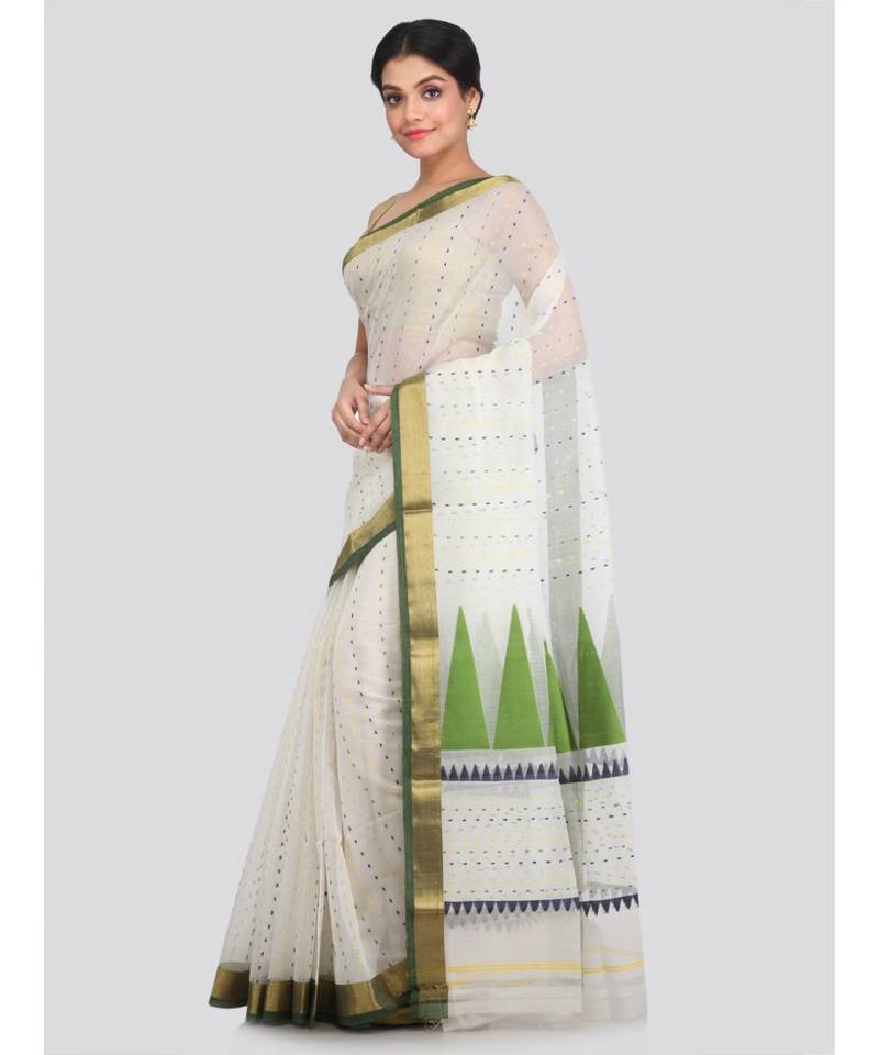 PinkLoom Women's off white hand woven cotton silk sarees With Blouse
