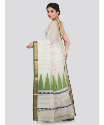 PinkLoom Women's off white hand woven cotton silk sarees With Blouse 3