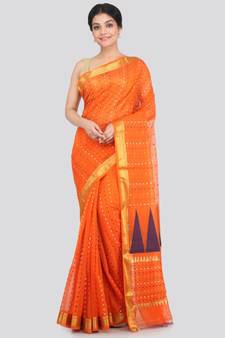 PinkLoom Women's orange hand woven cotton silk sarees With Blouse