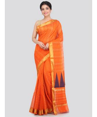 PinkLoom Women's orange hand woven cotton silk sarees With Blouse 1