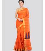 PinkLoom Women's orange hand woven cotton silk sarees With Blouse