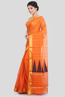 PinkLoom Women's orange hand woven cotton silk sarees With Blouse