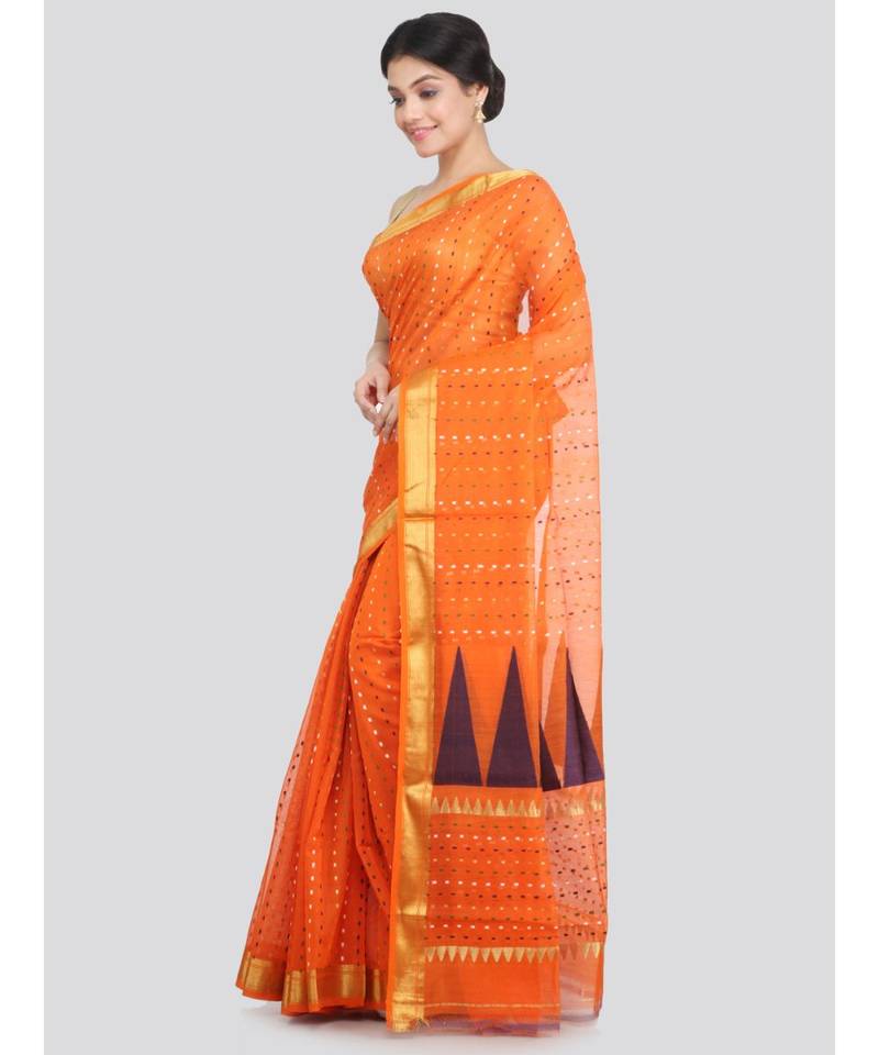 PinkLoom Women's orange hand woven cotton silk sarees With Blouse