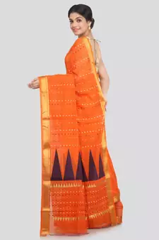 PinkLoom Women's orange hand woven cotton silk sarees With Blouse