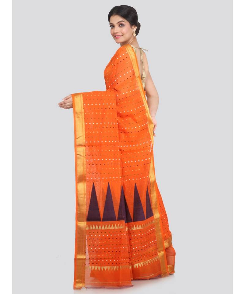 PinkLoom Women's orange hand woven cotton silk sarees With Blouse