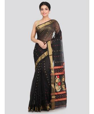 PinkLoom Women's black hand woven cotton silk sarees With Blouse 1