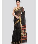 PinkLoom Women's black hand woven cotton silk sarees With Blouse