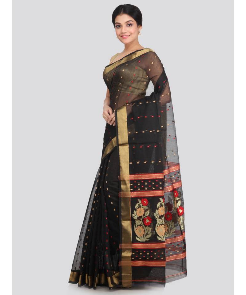 PinkLoom Women's black hand woven cotton silk sarees With Blouse