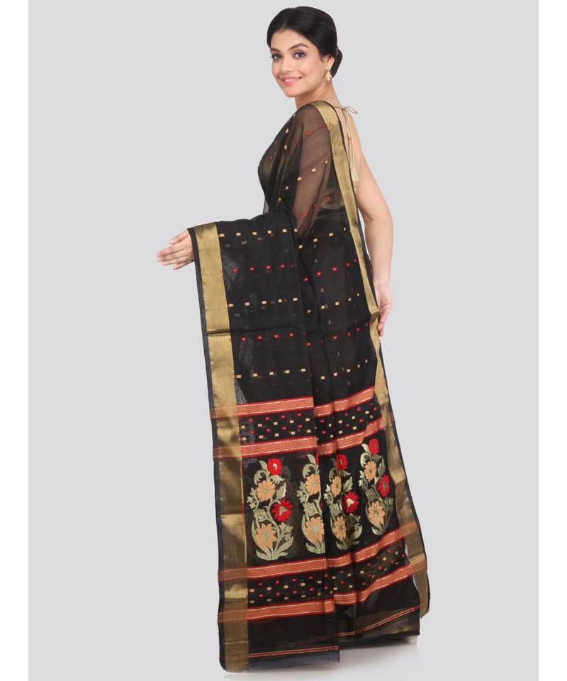 PinkLoom Women's black hand woven cotton silk sarees With Blouse