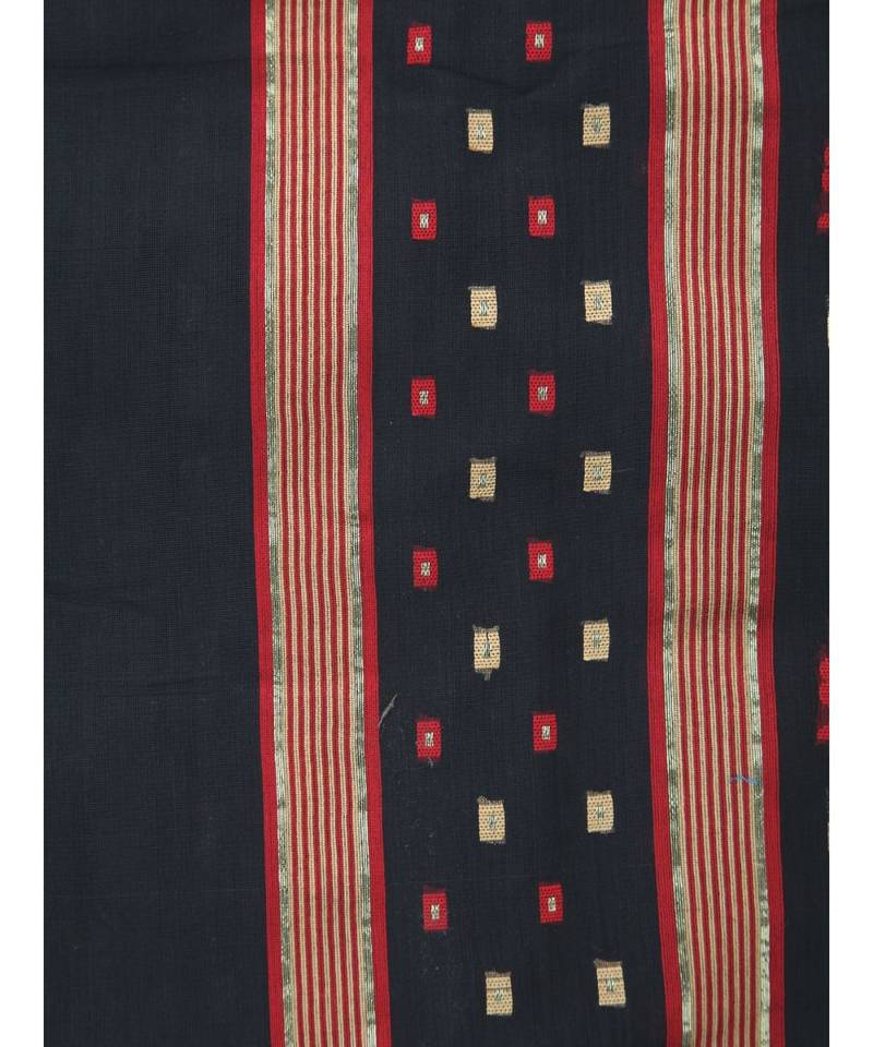 PinkLoom Women's black hand woven cotton silk sarees With Blouse