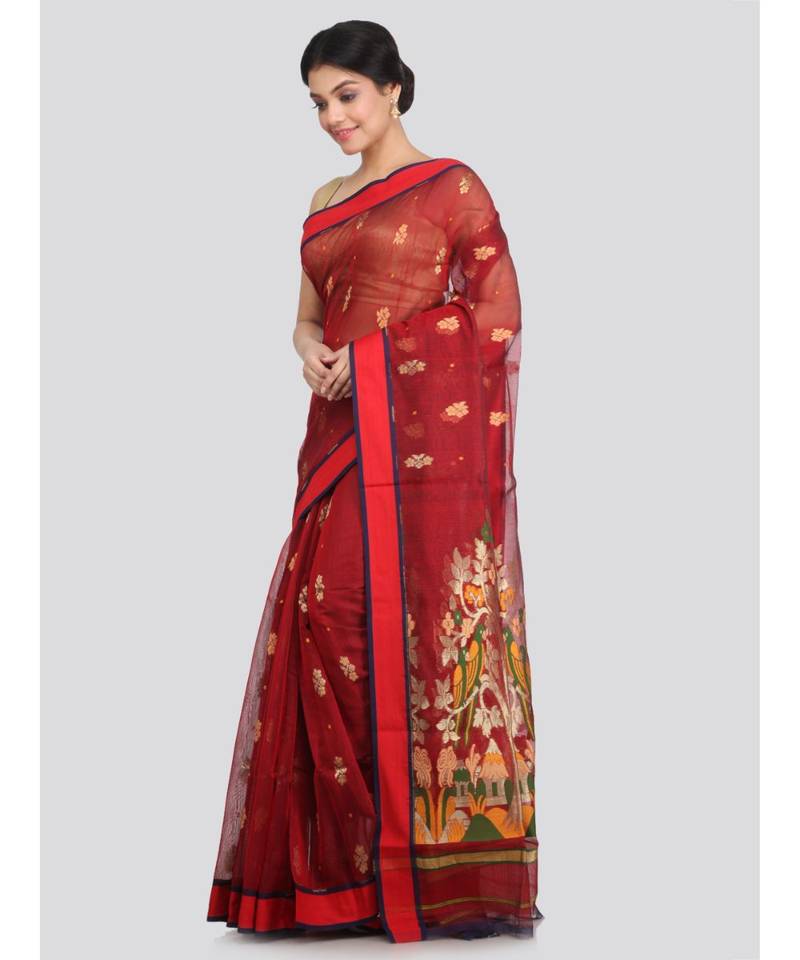 PinkLoom Women's maroon hand woven cotton silk sarees With Blouse