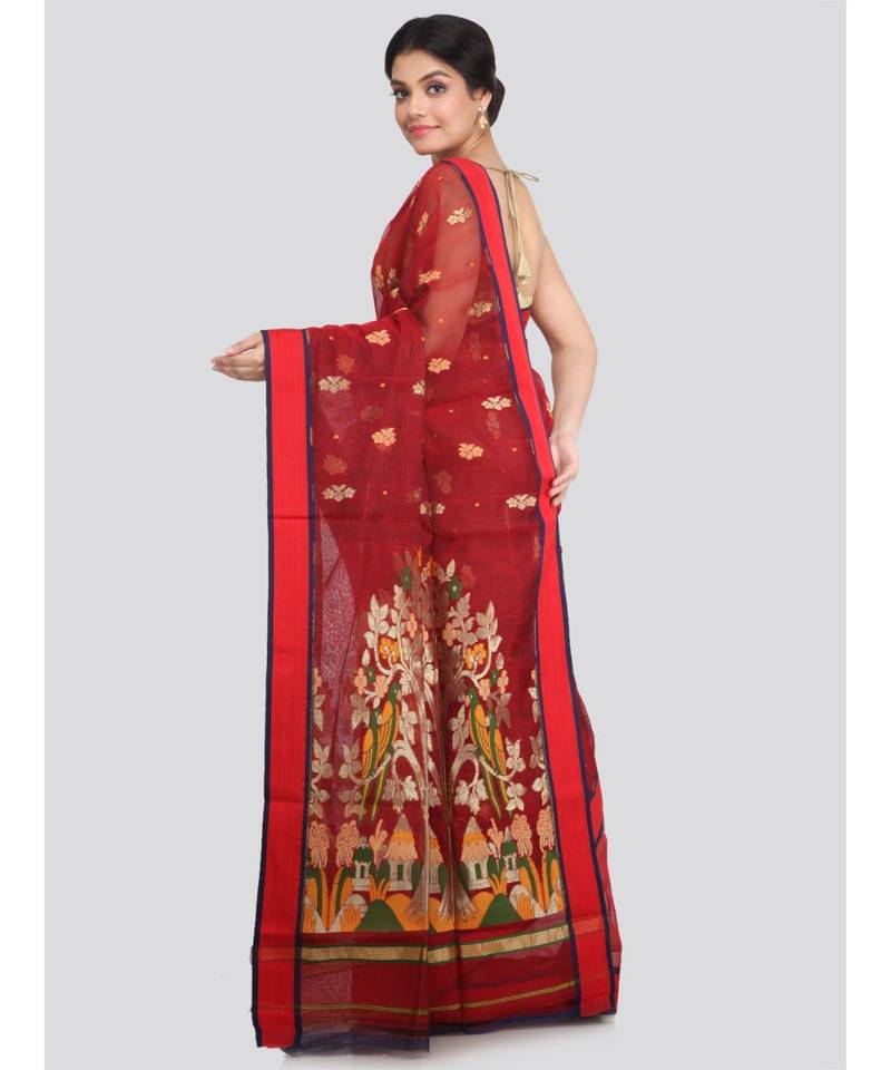 PinkLoom Women's maroon hand woven cotton silk sarees With Blouse