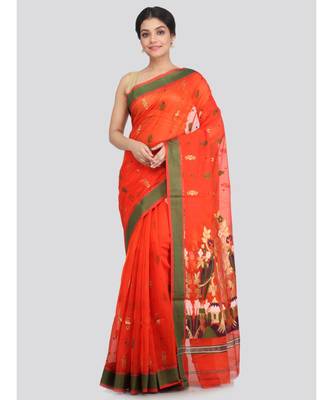 PinkLoom Women's orange hand woven cotton silk sarees With Blouse 1