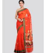 PinkLoom Women's orange hand woven cotton silk sarees With Blouse