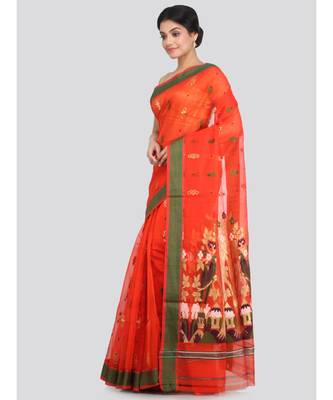 PinkLoom Women's orange hand woven cotton silk sarees With Blouse 2
