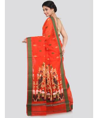 PinkLoom Women's orange hand woven cotton silk sarees With Blouse 3