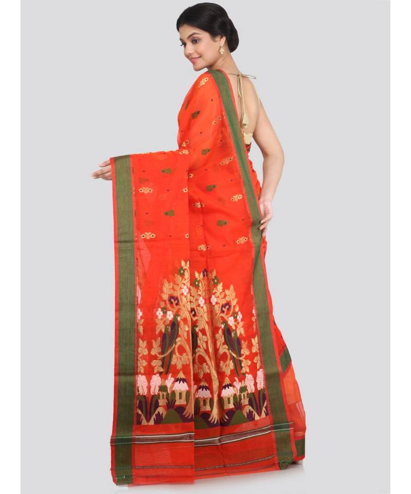 PinkLoom Women's orange hand woven cotton silk sarees With Blouse
