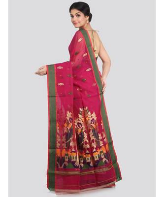 PinkLoom Women's multicolor hand woven cotton silk sarees With Blouse 3
