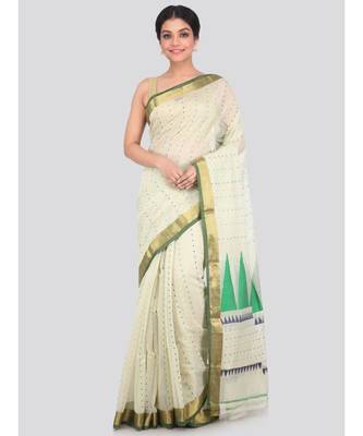 PinkLoom Women's off white hand woven cotton silk sarees With Blouse 1