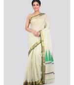 PinkLoom Women's off white hand woven cotton silk sarees With Blouse