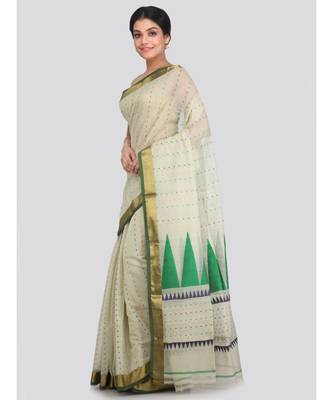 PinkLoom Women's off white hand woven cotton silk sarees With Blouse 2