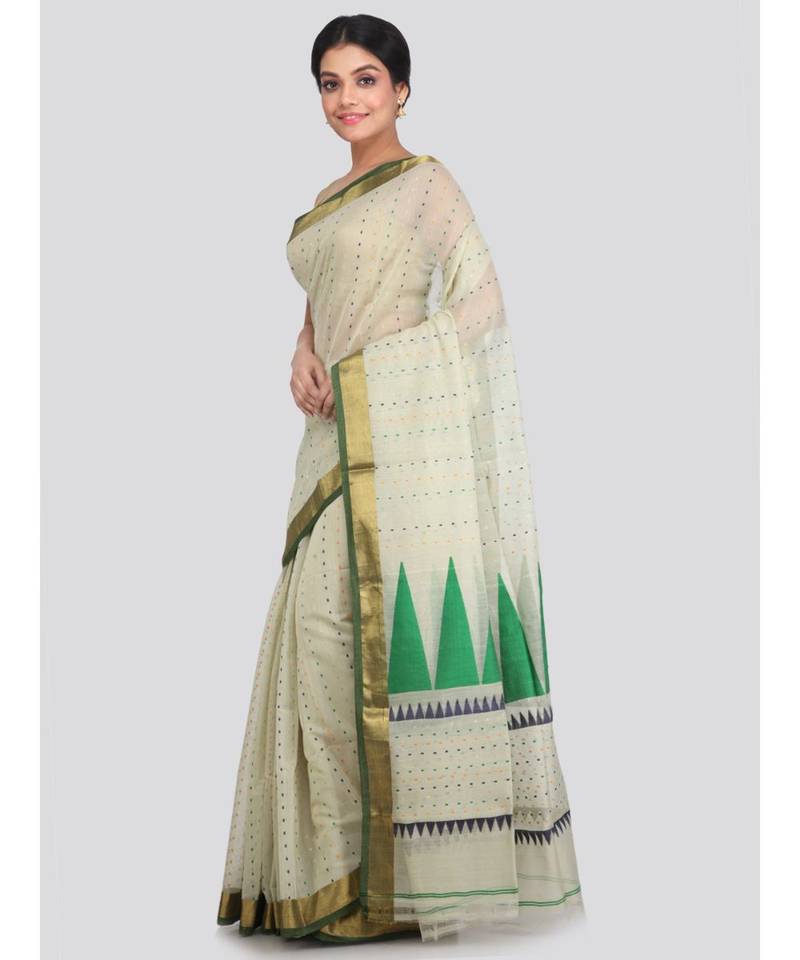 PinkLoom Women's off white hand woven cotton silk sarees With Blouse
