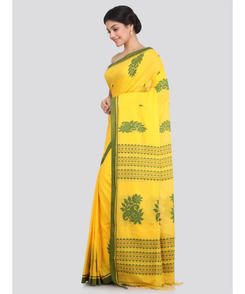 PinkLoom Women's yellow hand woven cotton sarees With Blouse
