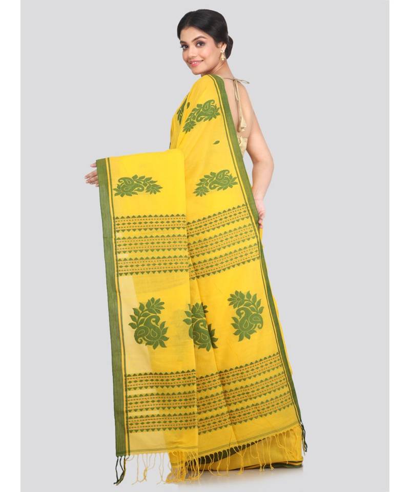 PinkLoom Women's yellow hand woven cotton sarees With Blouse