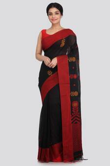PinkLoom Women's black hand woven cotton sarees With Blouse